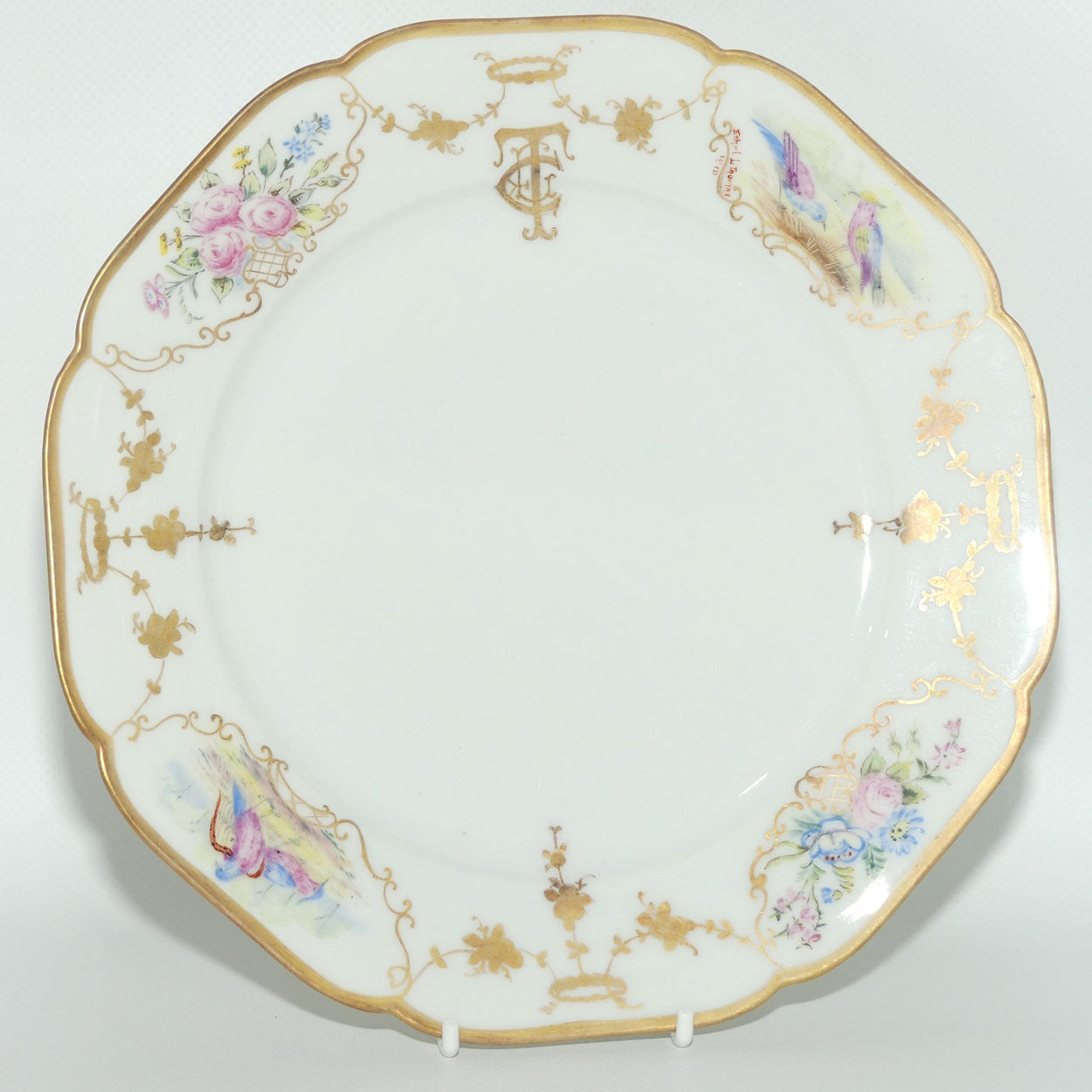 Early Australian China Painted plate decorated with Birds and crested initials | 22.5cm | #3 | by Ethel L Thomas 1910