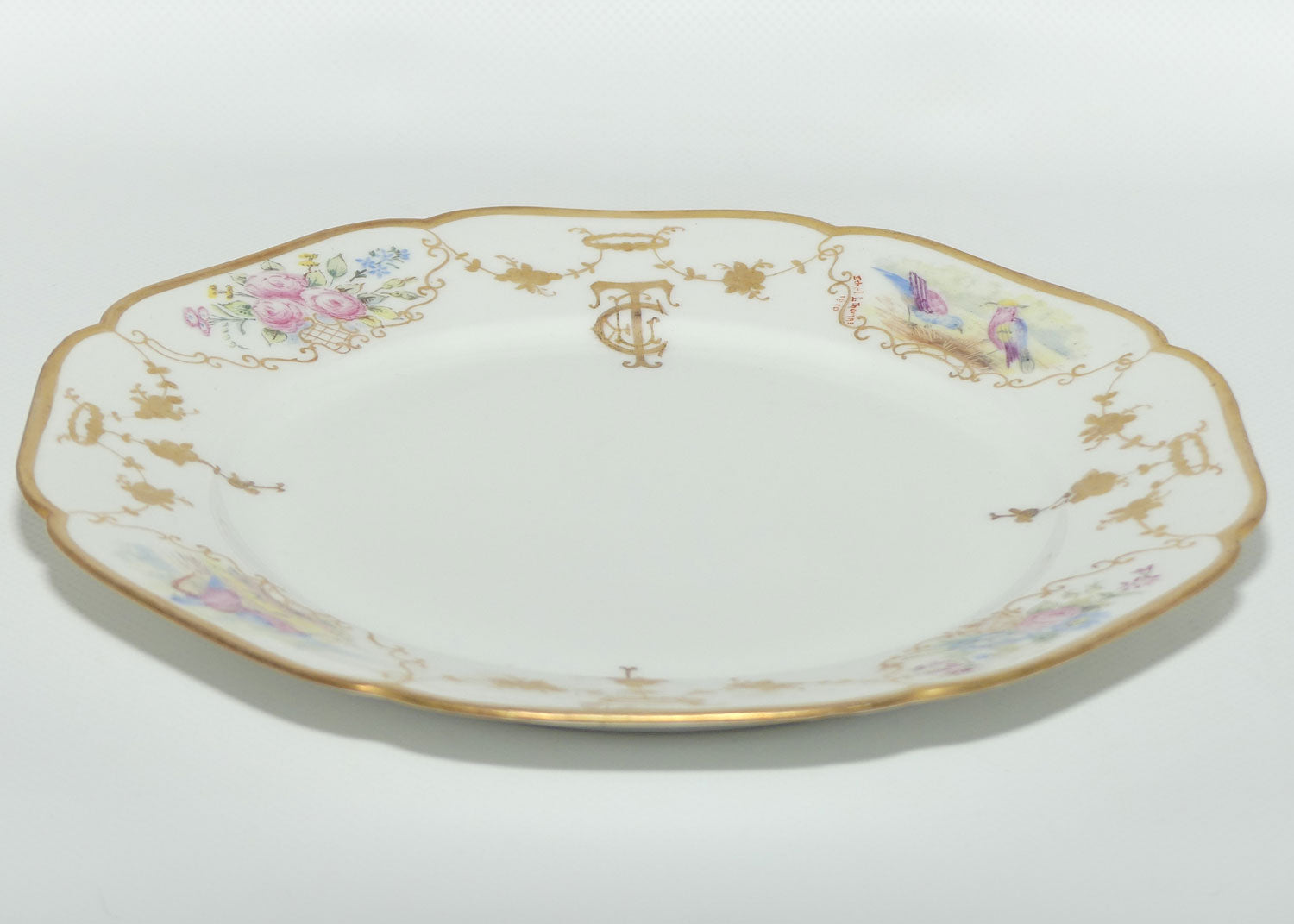 Early Australian China Painted plate decorated with Birds and crested initials | 22.5cm | #3 | by Ethel L Thomas 1910