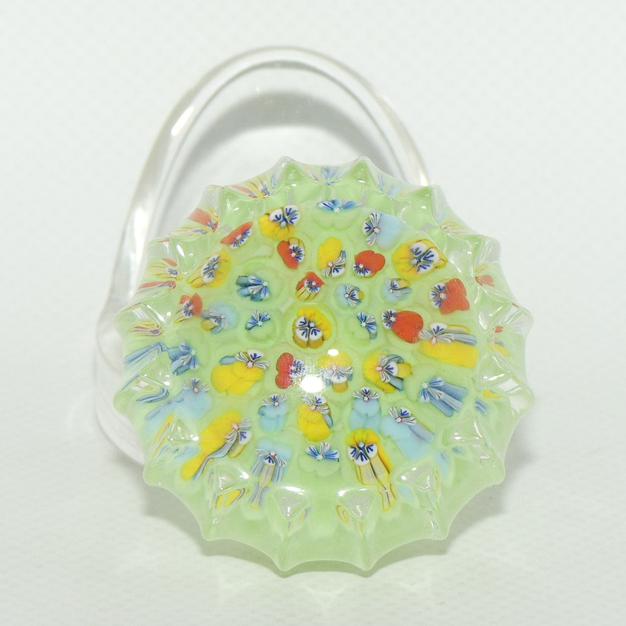 John Deacons Scotland Millefiori Pansy miniature paperweight | Tea Green | Ribbed