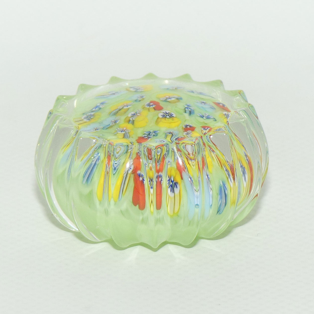 John Deacons Scotland Millefiori Pansy miniature paperweight | Tea Green | Ribbed