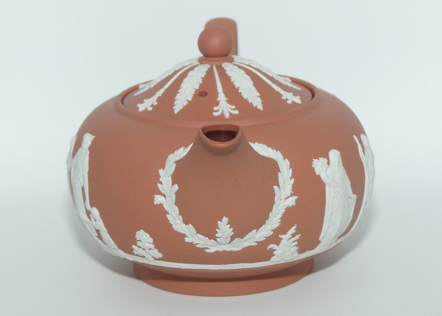 Wedgwood Jasper | White on Terracotta tea pot depicting Grecian Maidens