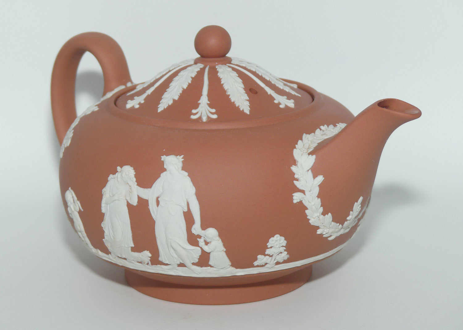 Wedgwood Jasper | White on Terracotta tea pot depicting Grecian Maidens