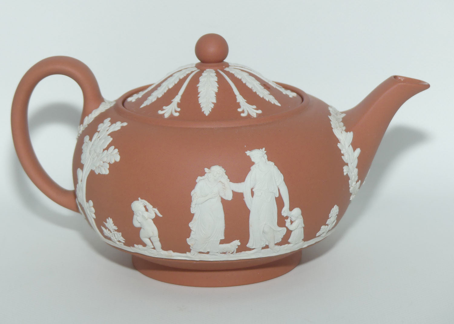 Wedgwood Jasper | White on Terracotta tea pot depicting Grecian Maidens
