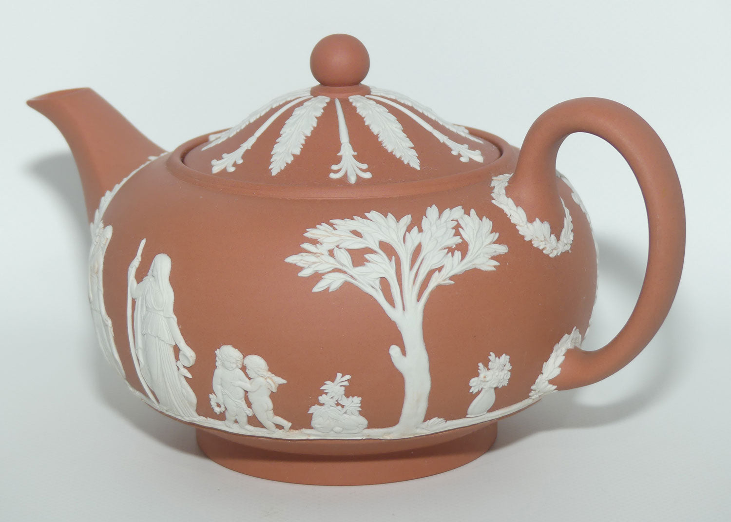 Wedgwood Jasper | White on Terracotta tea pot depicting Grecian Maidens