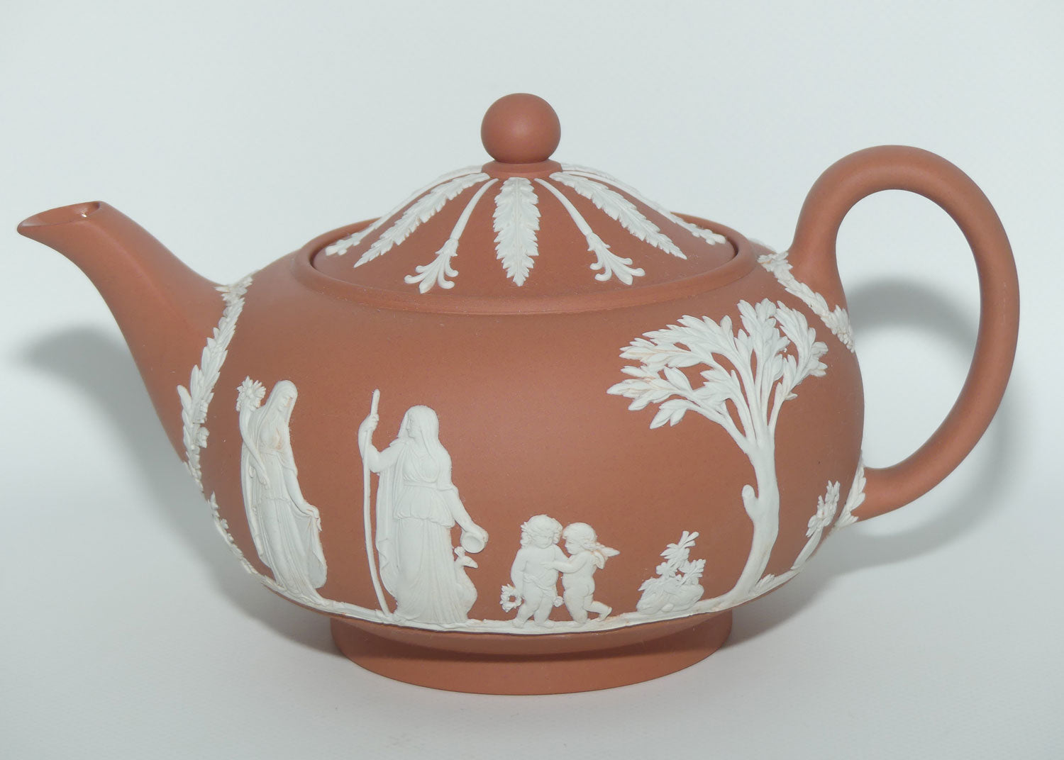 Wedgwood Jasper | White on Terracotta tea pot depicting Grecian Maidens