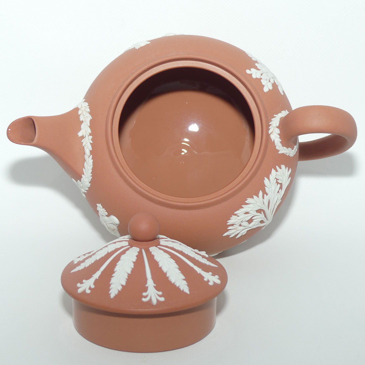 Wedgwood Jasper | White on Terracotta tea pot depicting Grecian Maidens
