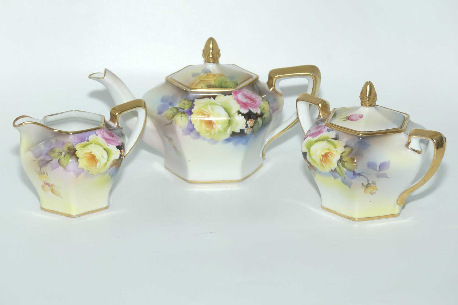 early Noritake Hand Painted by F Honda 3 piece floral decorated tea pot set