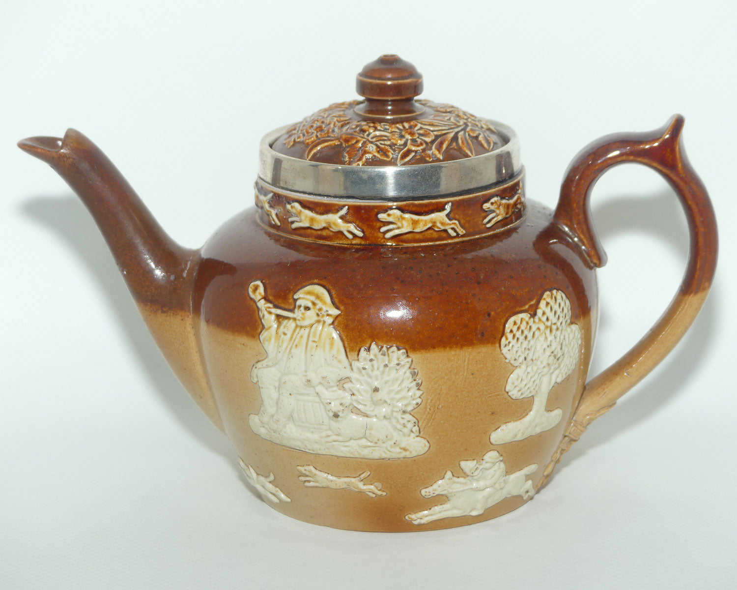 Doulton Lambeth Harvest Hunting Tea Pot with Sterling Silver rim | London 1892