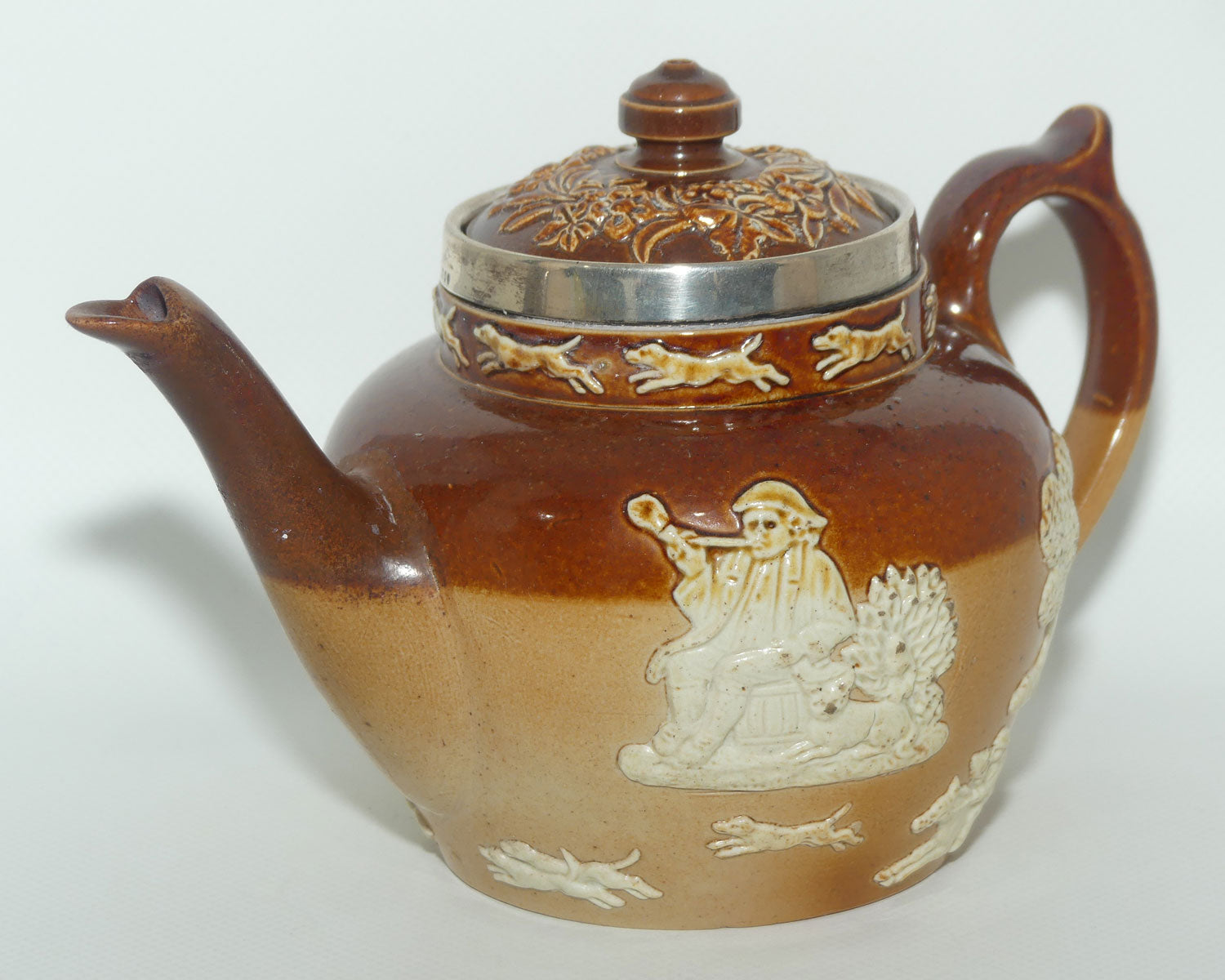 Doulton Lambeth Harvest Hunting Tea Pot with Sterling Silver rim | London 1892