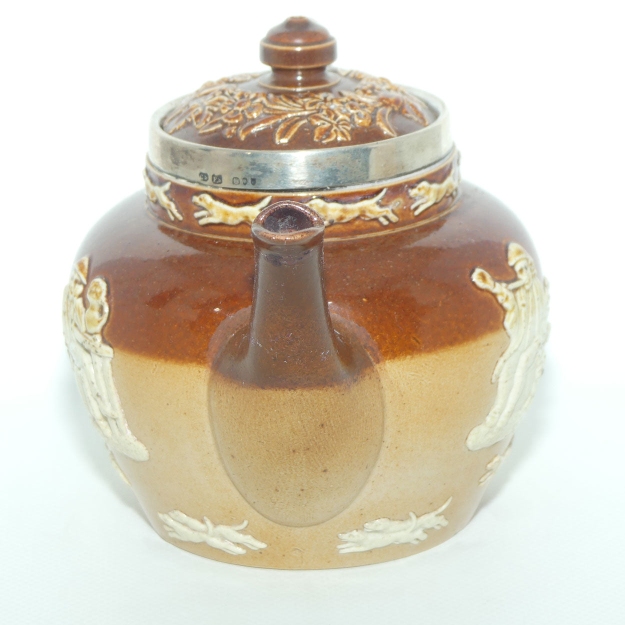Doulton Lambeth Harvest Hunting Tea Pot with Sterling Silver rim | London 1892
