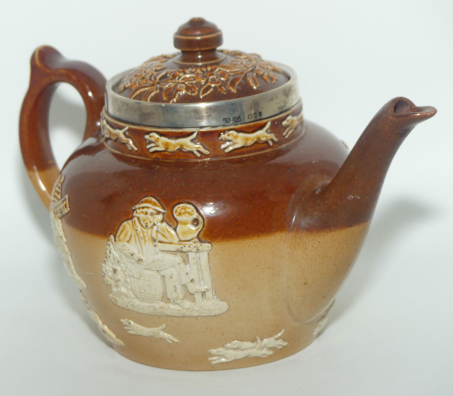 Doulton Lambeth Harvest Hunting Tea Pot with Sterling Silver rim | London 1892