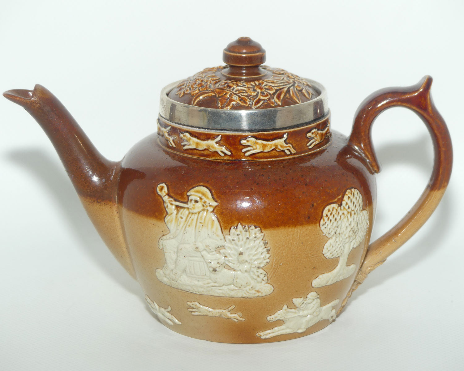 Doulton Lambeth Harvest Hunting Tea Pot with Sterling Silver rim | London 1892