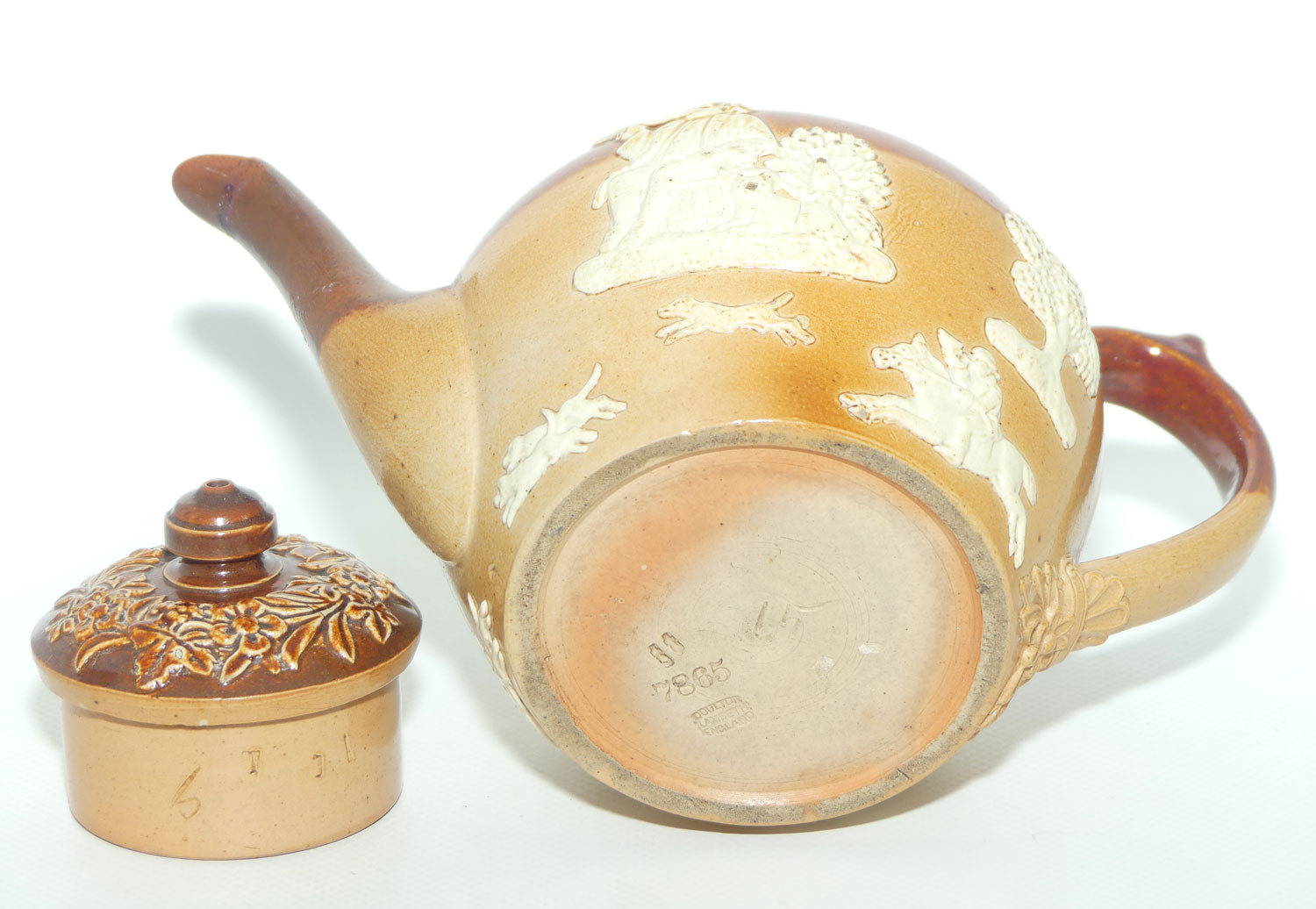 Doulton Lambeth Harvest Hunting Tea Pot with Sterling Silver rim | London 1892