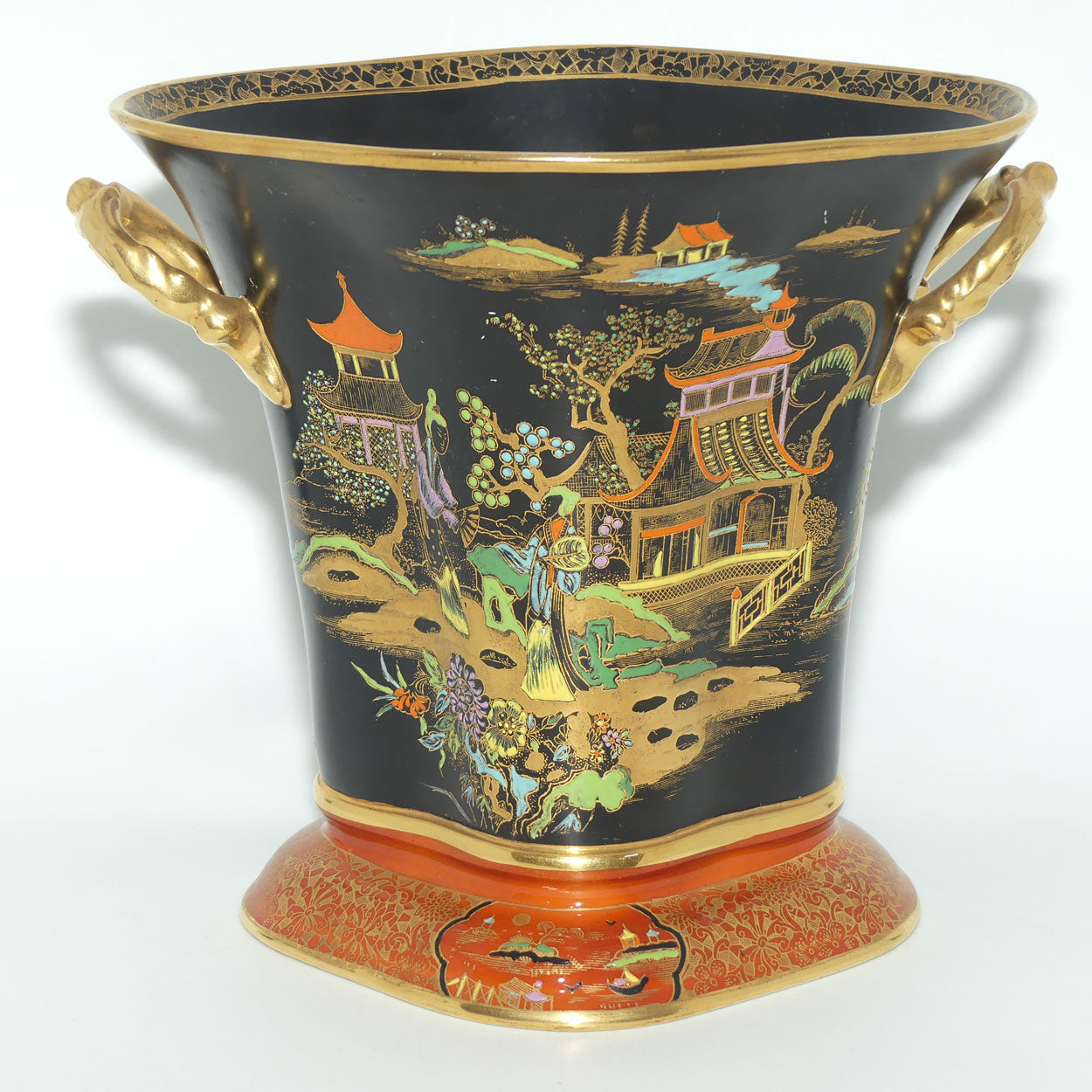 W & R Carlton Ware Temple pattern on Black Ground Don twin handle vase | Red Band on Foot