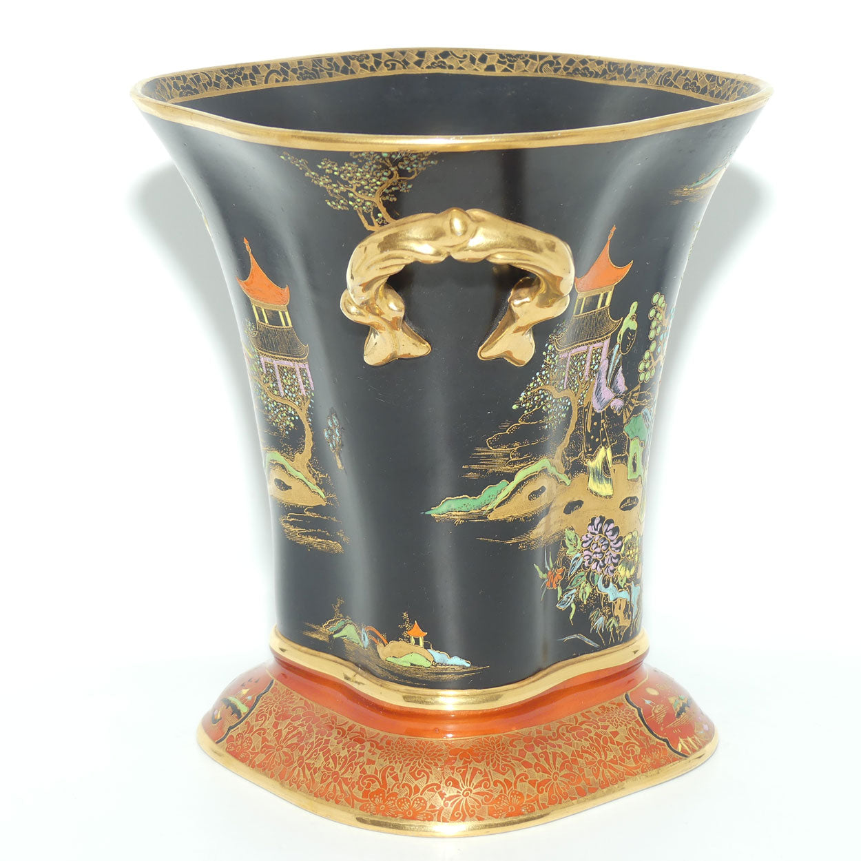 W & R Carlton Ware Temple pattern on Black Ground Don twin handle vase | Red Band on Foot