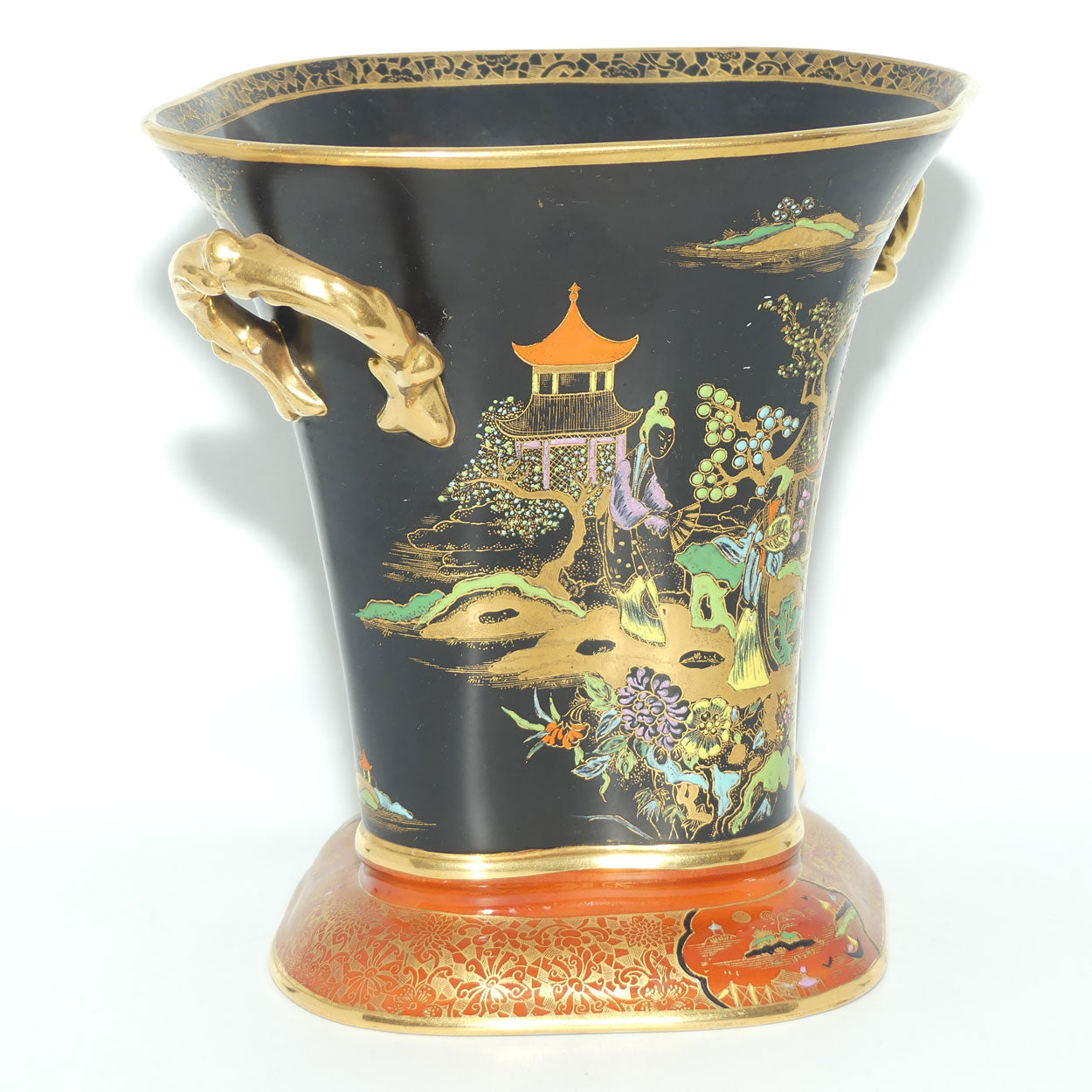 W & R Carlton Ware Temple pattern on Black Ground Don twin handle vase | Red Band on Foot
