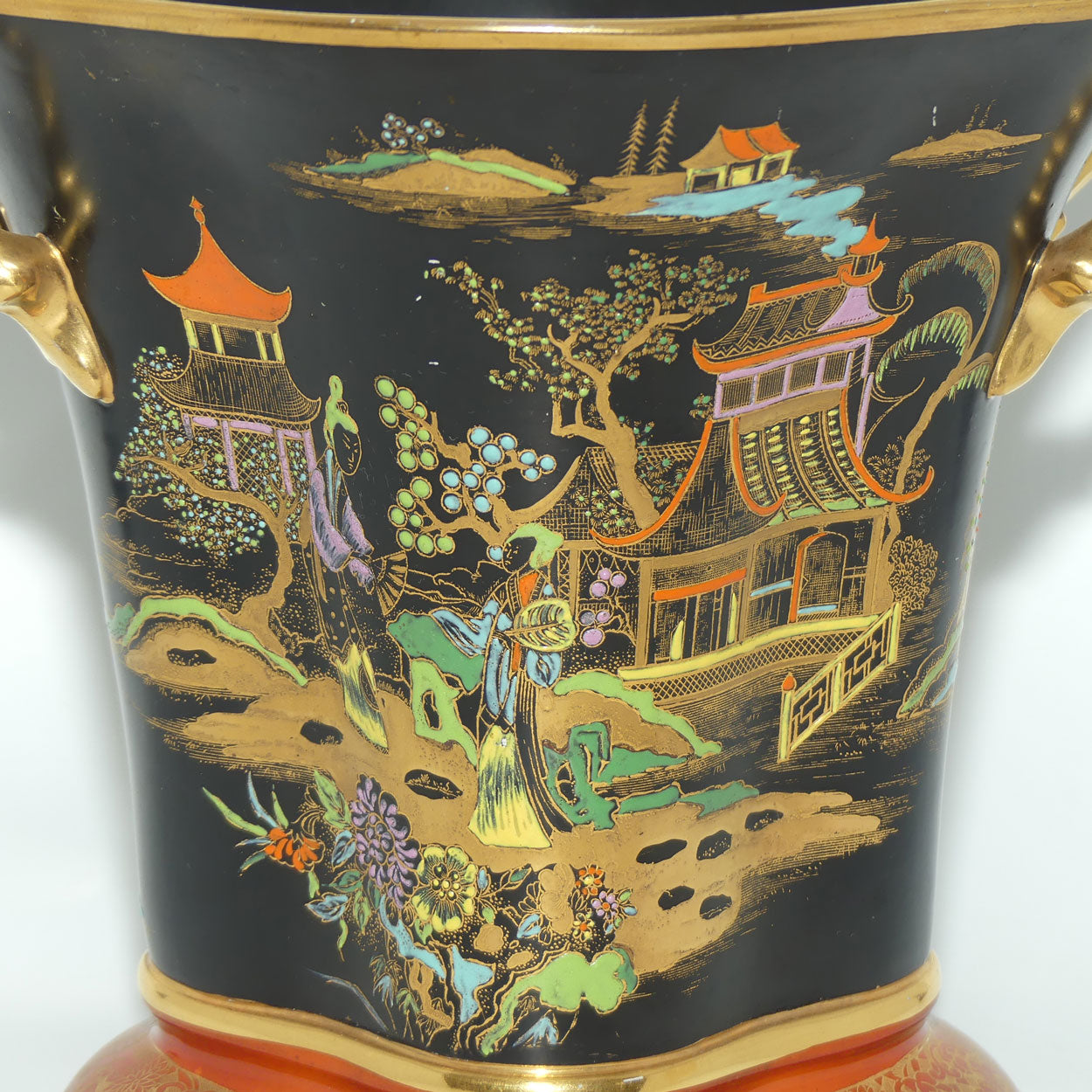 W & R Carlton Ware Temple pattern on Black Ground Don twin handle vase | Red Band on Foot
