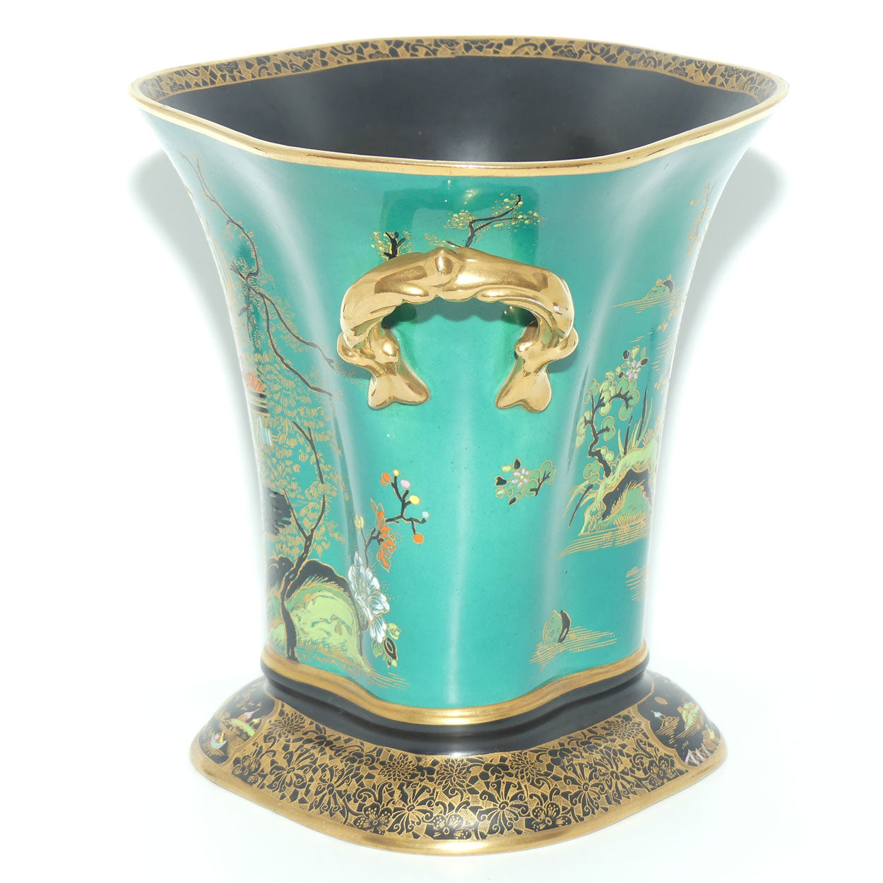 W & R Carlton Ware Temple pattern on Green Ground Don twin handle vase