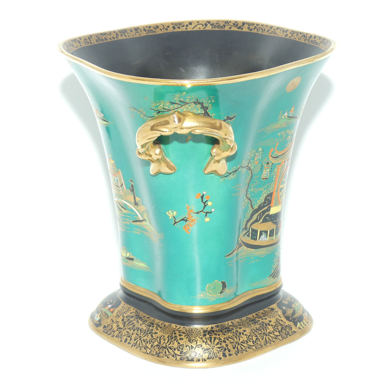 W & R Carlton Ware Temple pattern on Green Ground Don twin handle vase