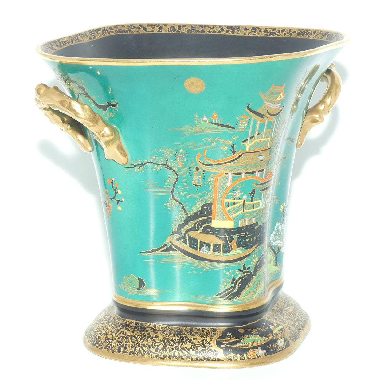W & R Carlton Ware Temple pattern on Green Ground Don twin handle vase