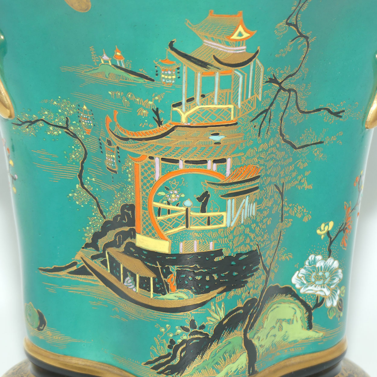 W & R Carlton Ware Temple pattern on Green Ground Don twin handle vase