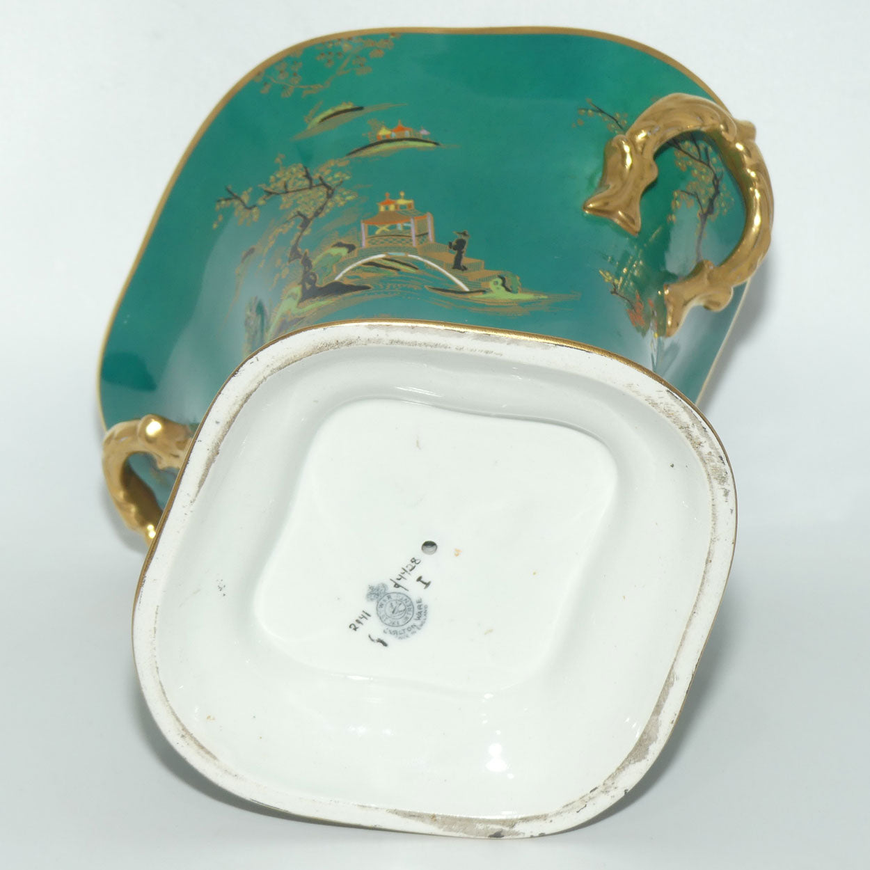 W & R Carlton Ware Temple pattern on Green Ground Don twin handle vase