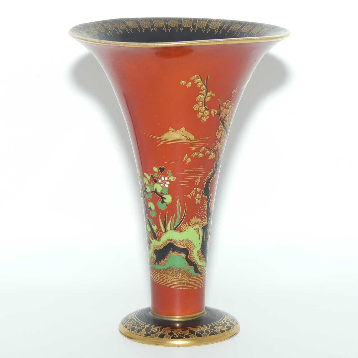 W & R Carlton Ware Temple pattern trumpet vase with Red Orange ground and Black band | Pattern 2880 | 15.5cm tall