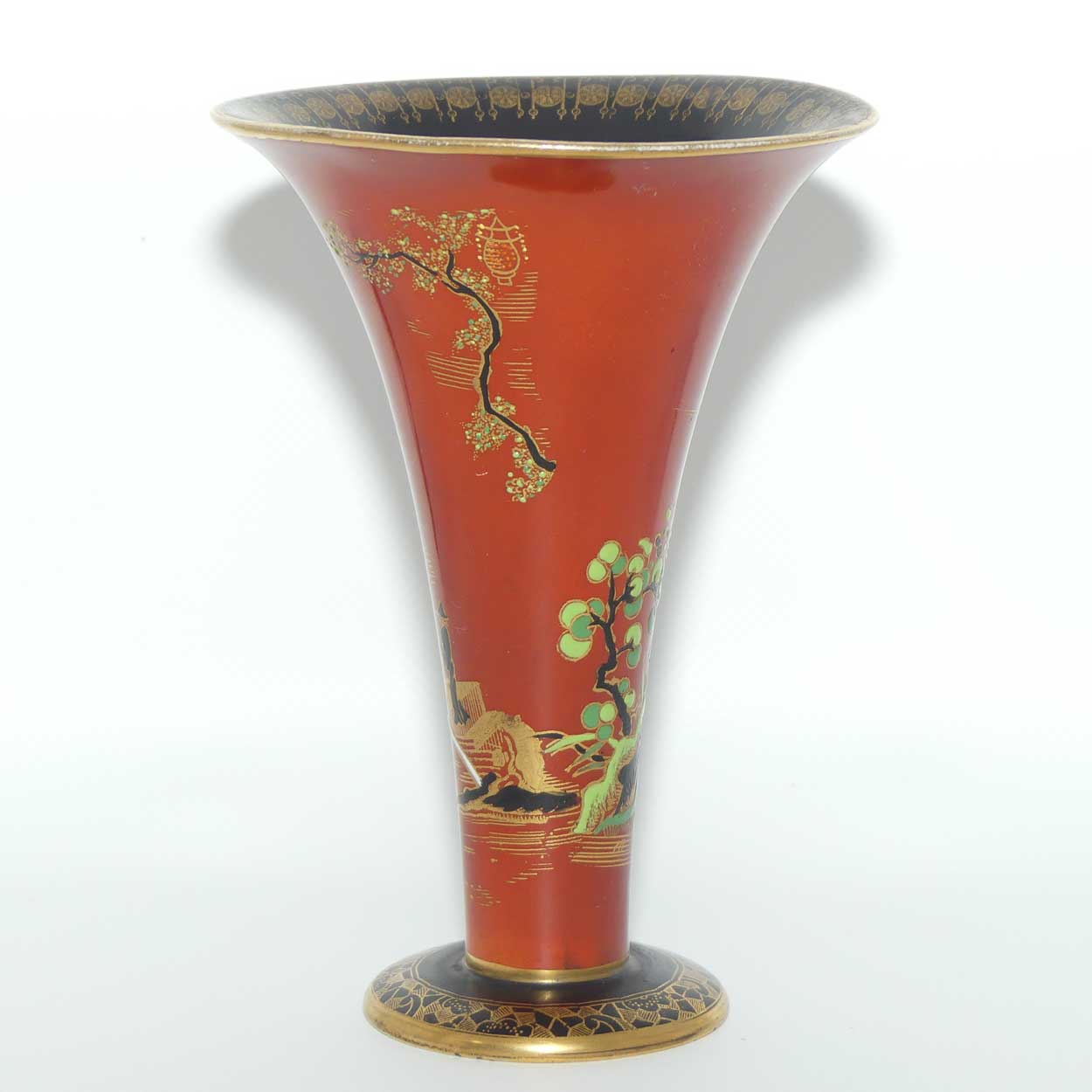W & R Carlton Ware Temple pattern trumpet vase with Red Orange ground and Black band | Pattern 2880 | 15.5cm tall