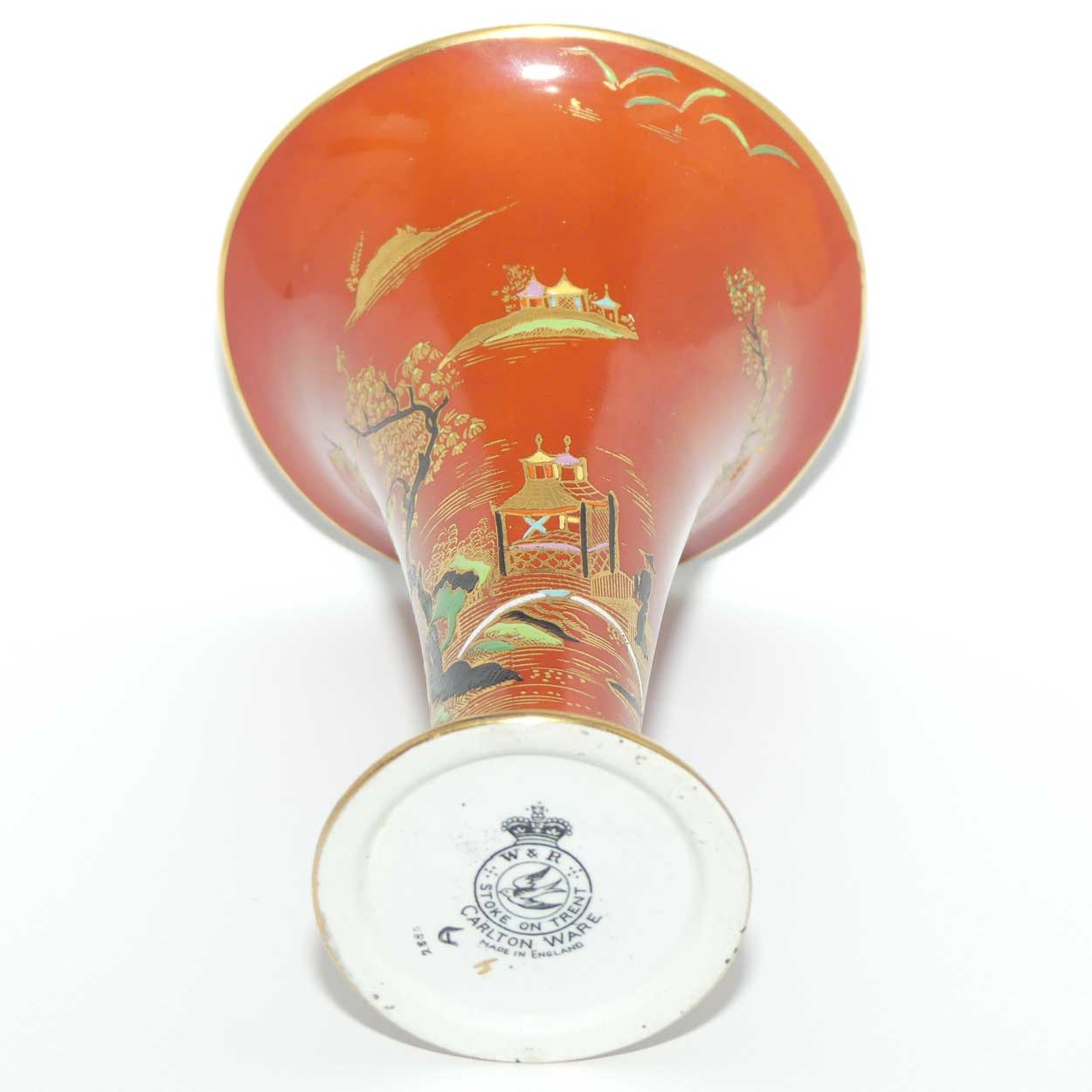 W & R Carlton Ware Temple pattern trumpet vase with Red Orange ground and Black band | Pattern 2880 | 15.5cm tall