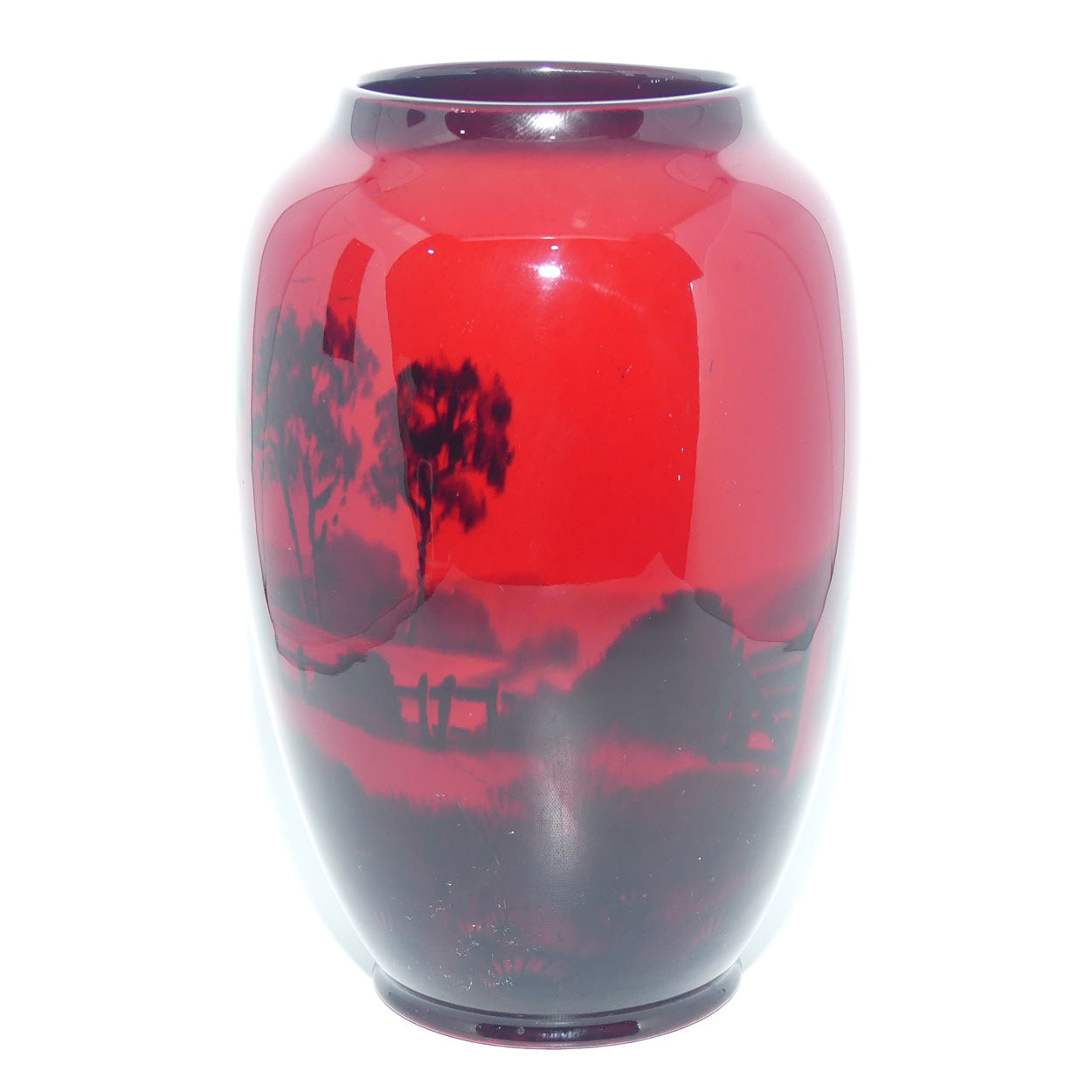 Royal Doulton Flambe ovoid vase | Country Cottages and Lake | signed Fred Moore