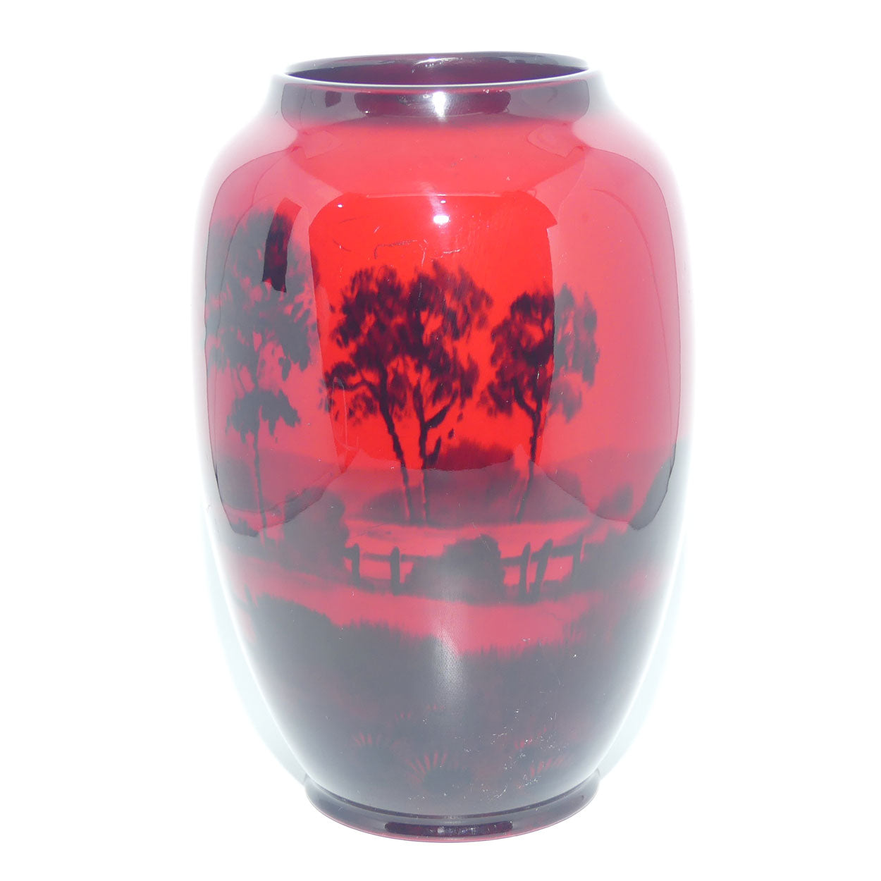 Royal Doulton Flambe ovoid vase | Country Cottages and Lake | signed Fred Moore