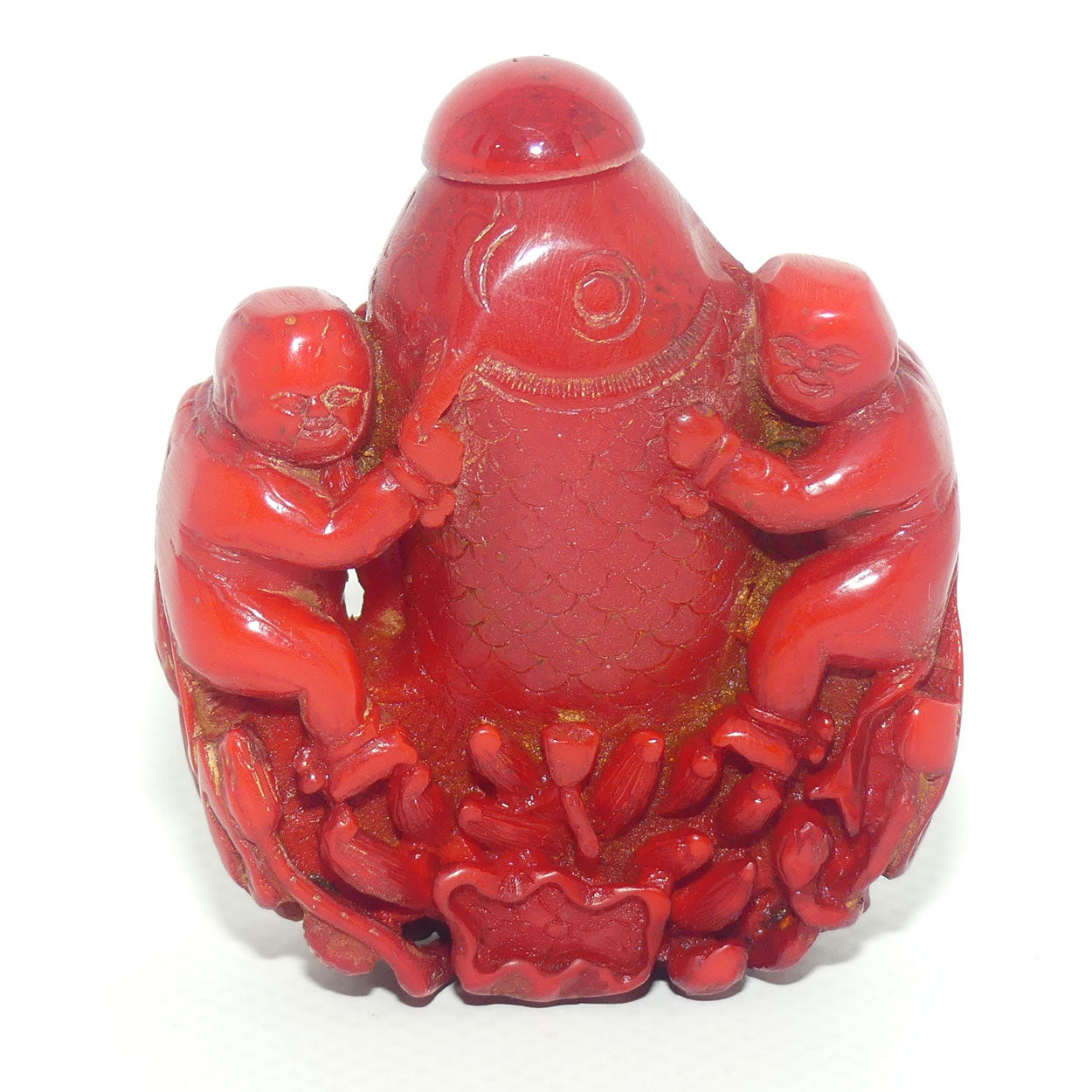 Cinnabar Snuff Bottle | Two Men Posing with a Big Catch