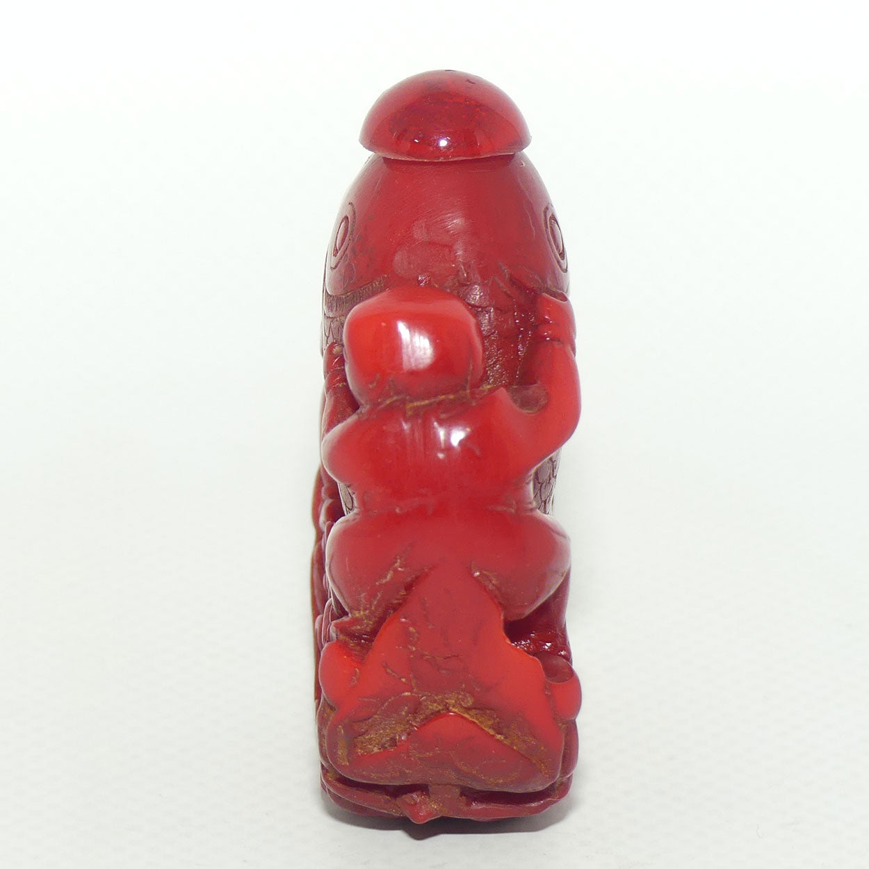 Cinnabar Snuff Bottle | Two Men Posing with a Big Catch