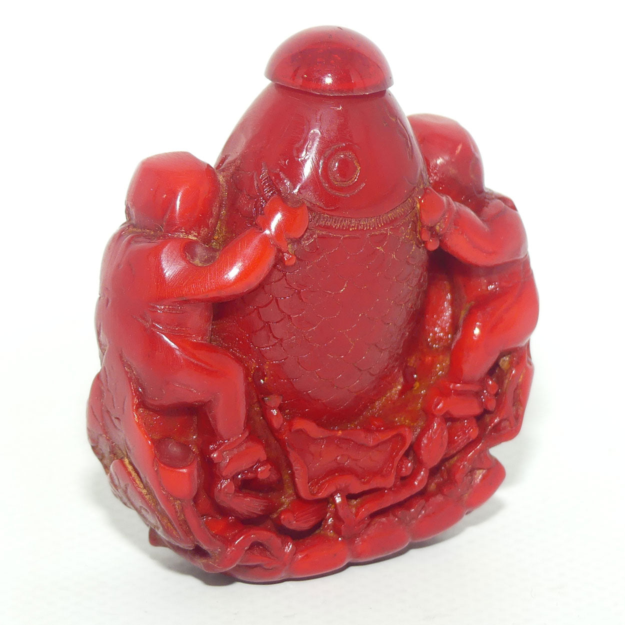 Cinnabar Snuff Bottle | Two Men Posing with a Big Catch