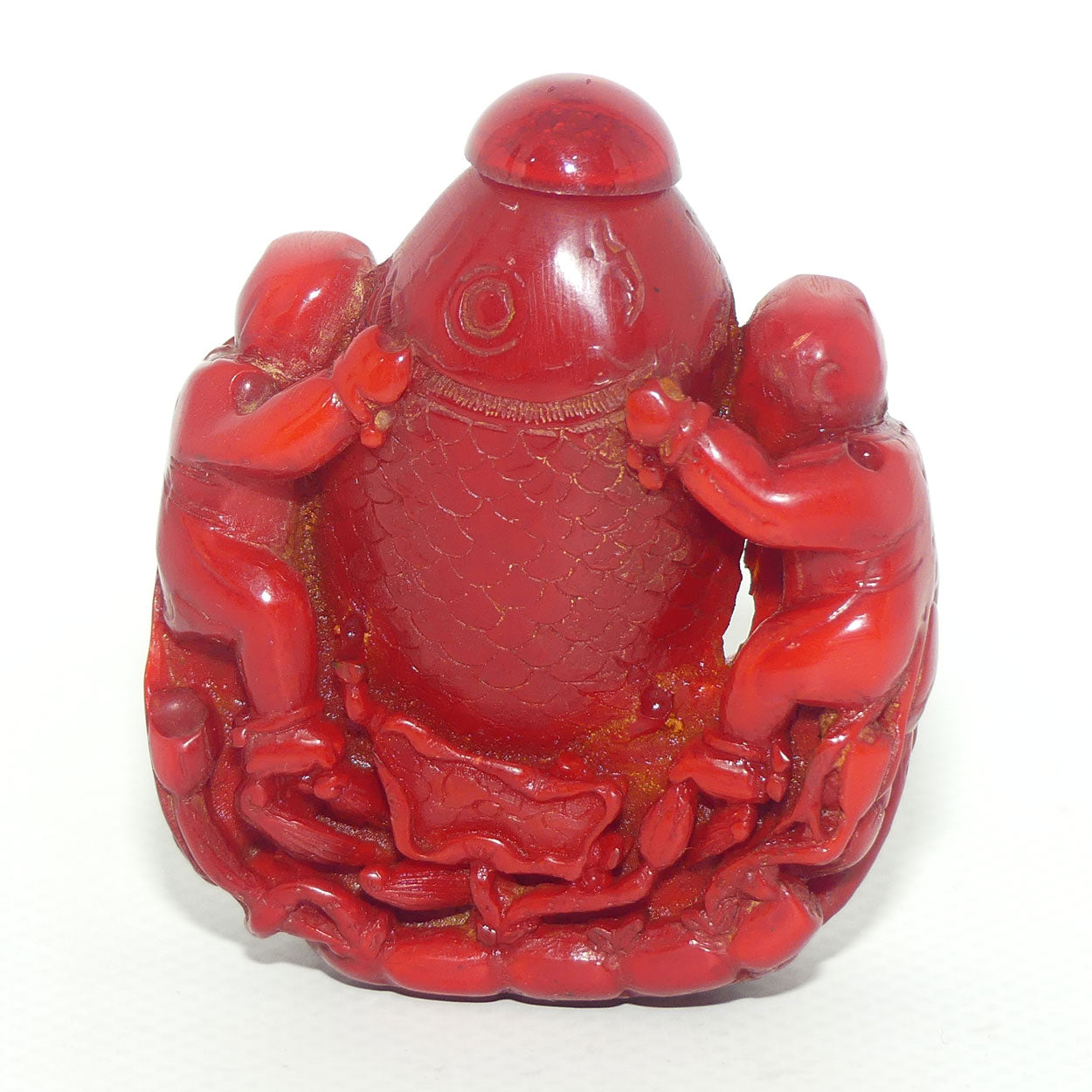 Cinnabar Snuff Bottle | Two Men Posing with a Big Catch