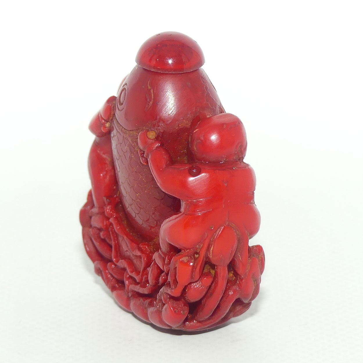 Cinnabar Snuff Bottle | Two Men Posing with a Big Catch