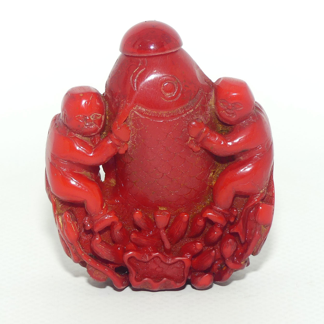 Cinnabar Snuff Bottle | Two Men Posing with a Big Catch