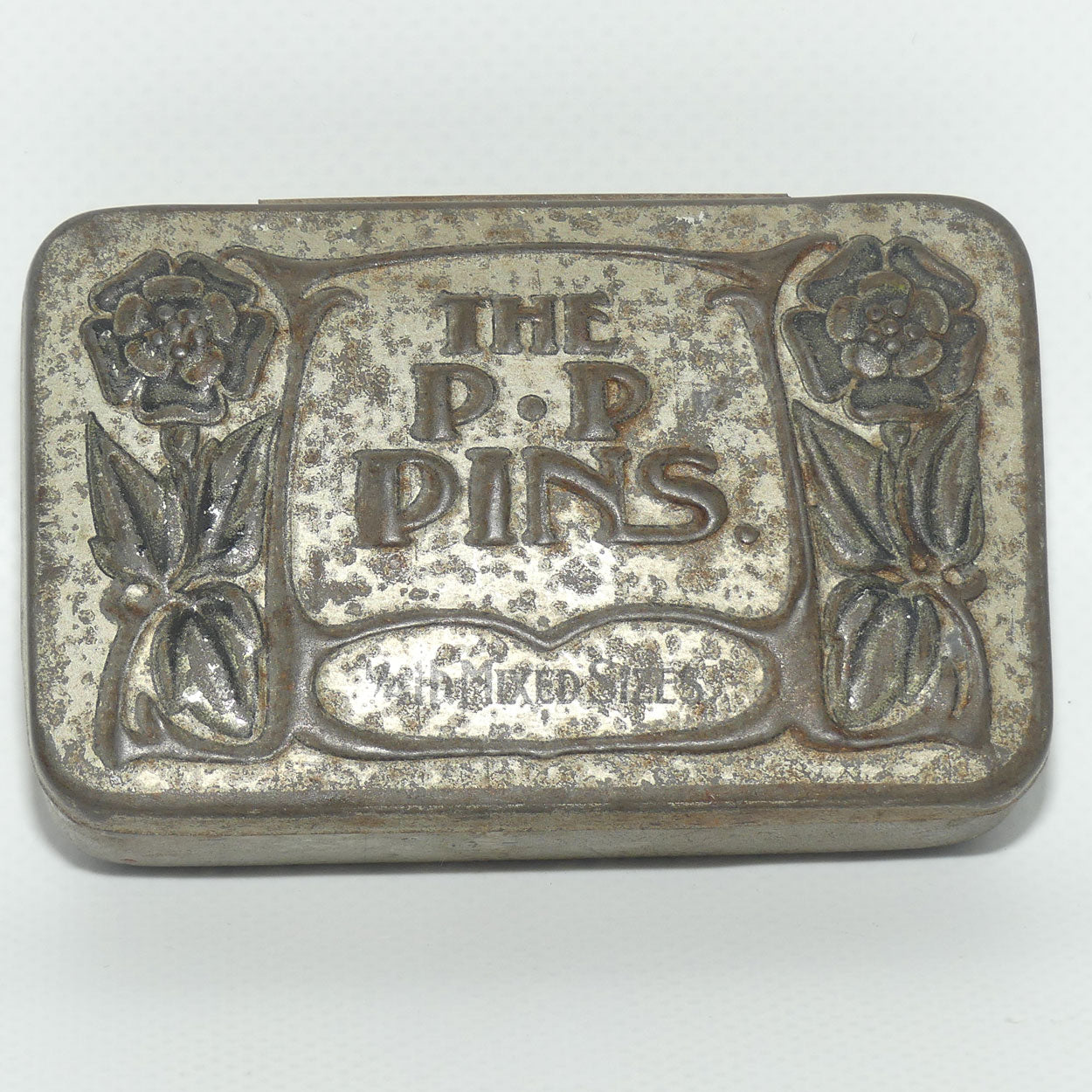 The P.P Pins tin | 1/4 pound | Art Nouveau embossed Tudor Rose design
