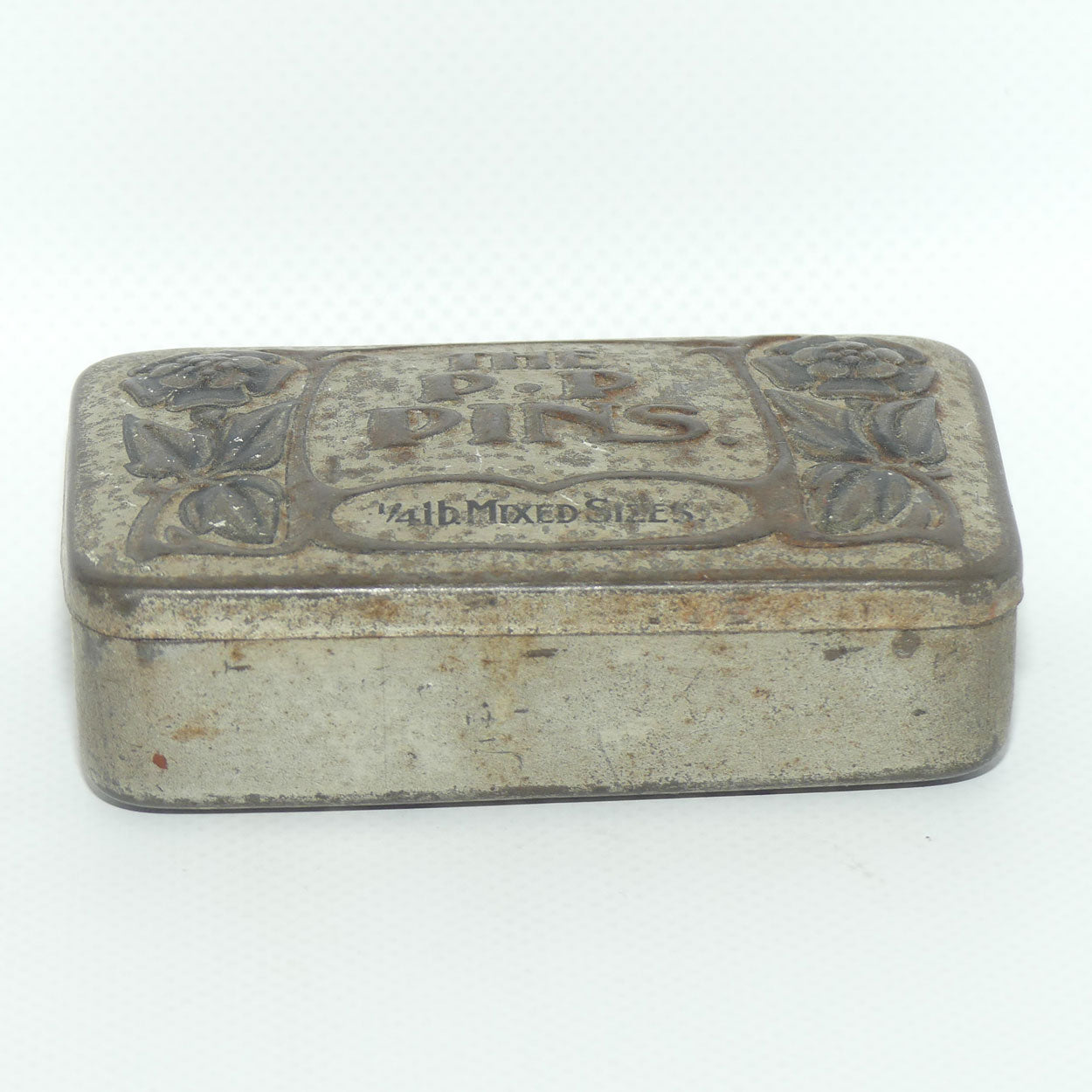 The P.P Pins tin | 1/4 pound | Art Nouveau embossed Tudor Rose design