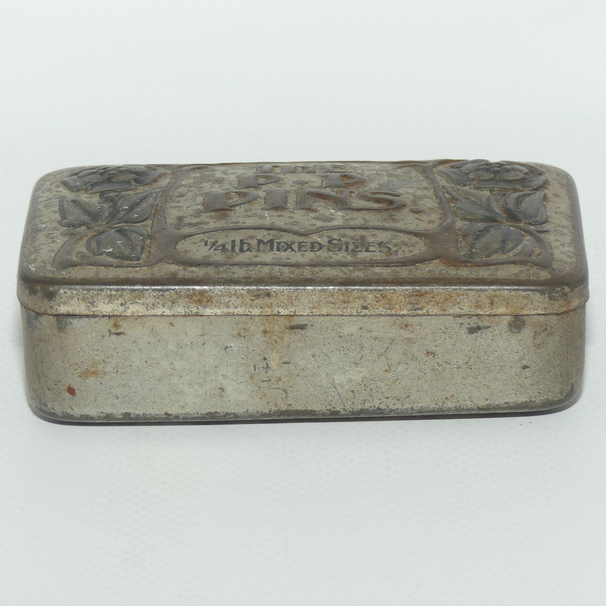 The P.P Pins tin | 1/4 pound | Art Nouveau embossed Tudor Rose design