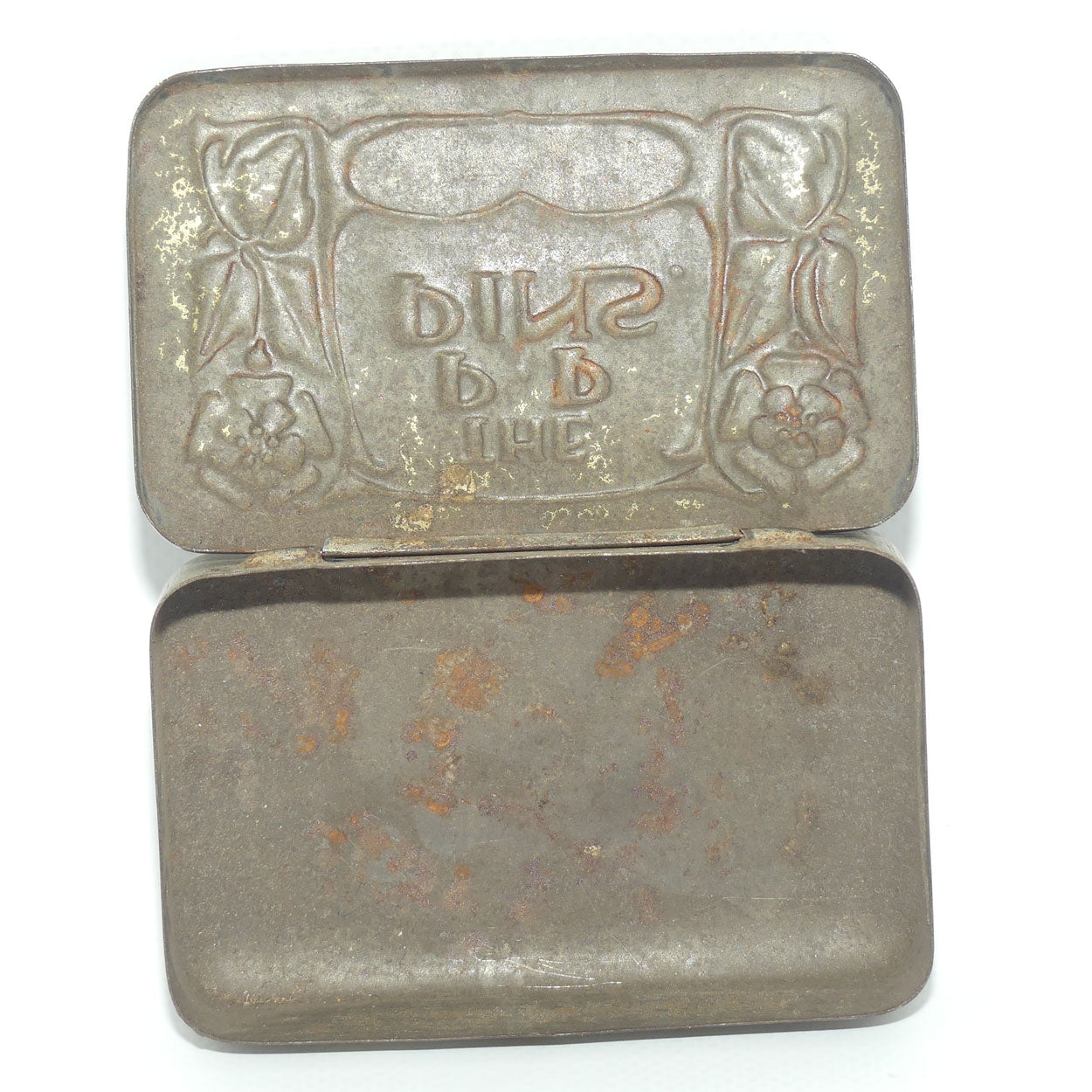 The P.P Pins tin | 1/4 pound | Art Nouveau embossed Tudor Rose design