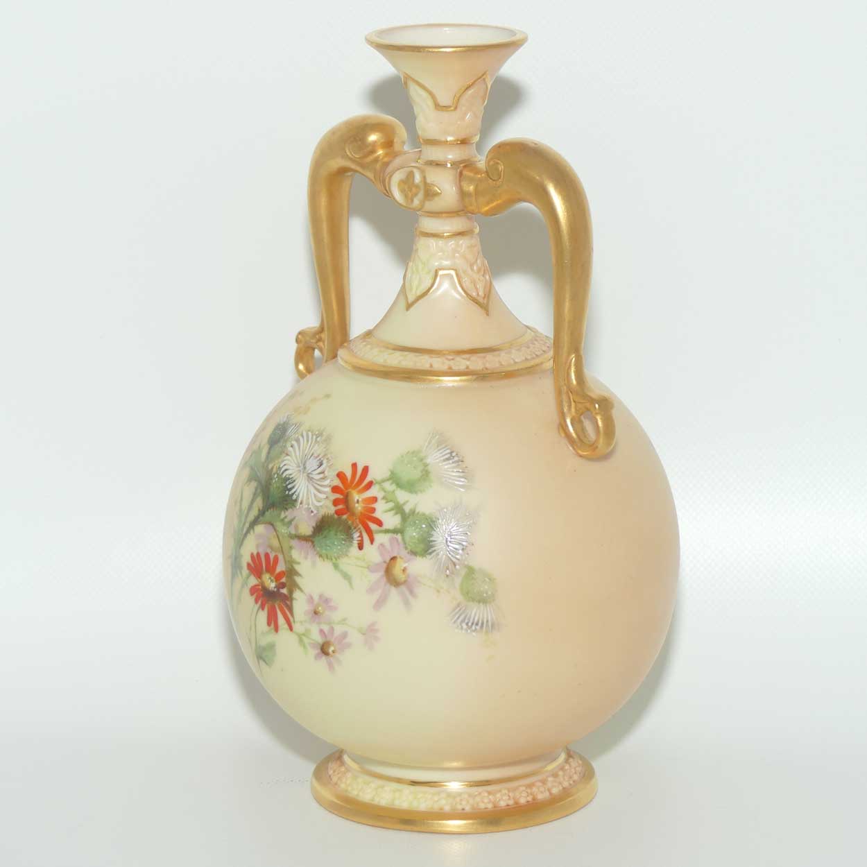 Royal Worcester Blush Ivory hand painted thistle bulbous handled vase