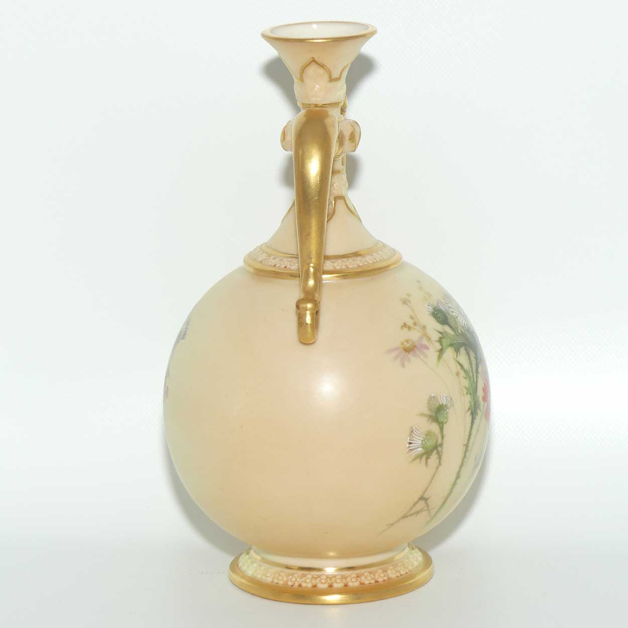 Royal Worcester Blush Ivory hand painted thistle bulbous handled vase