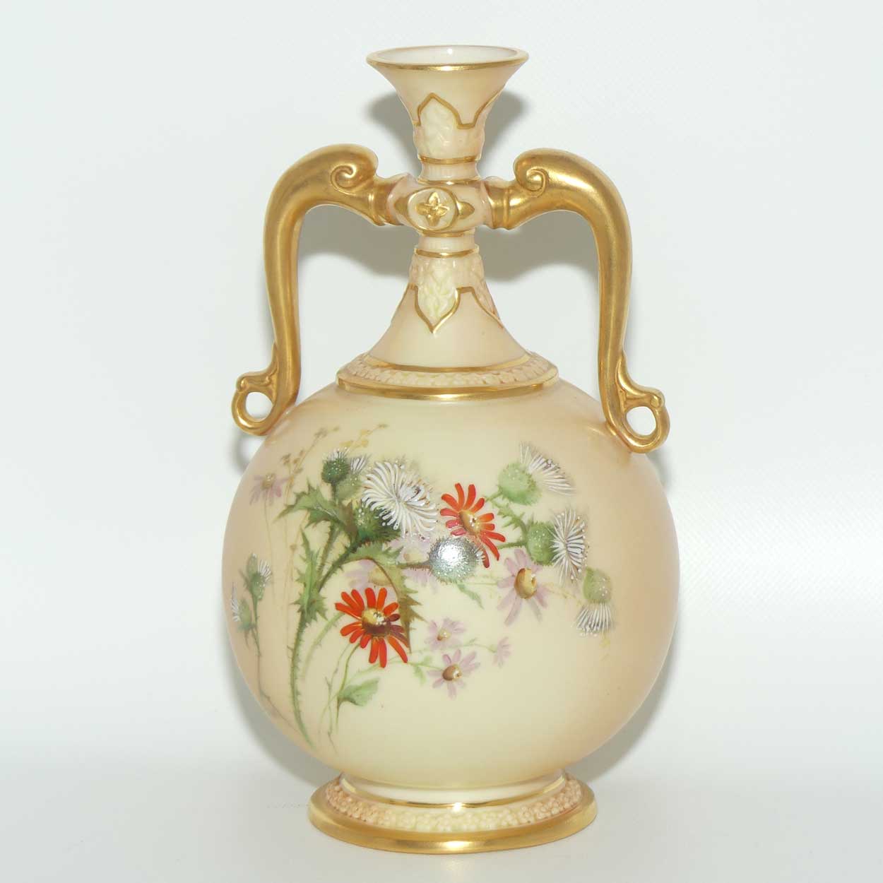 Royal Worcester Blush Ivory hand painted thistle bulbous handled vase