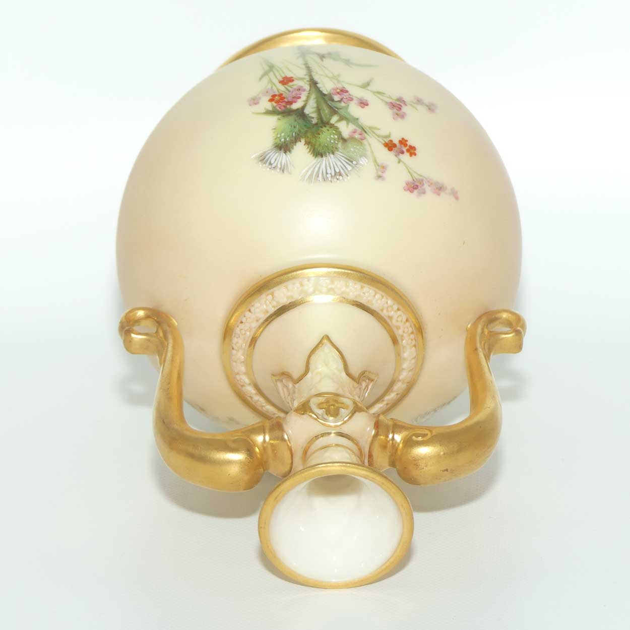 Royal Worcester Blush Ivory hand painted thistle bulbous handled vase