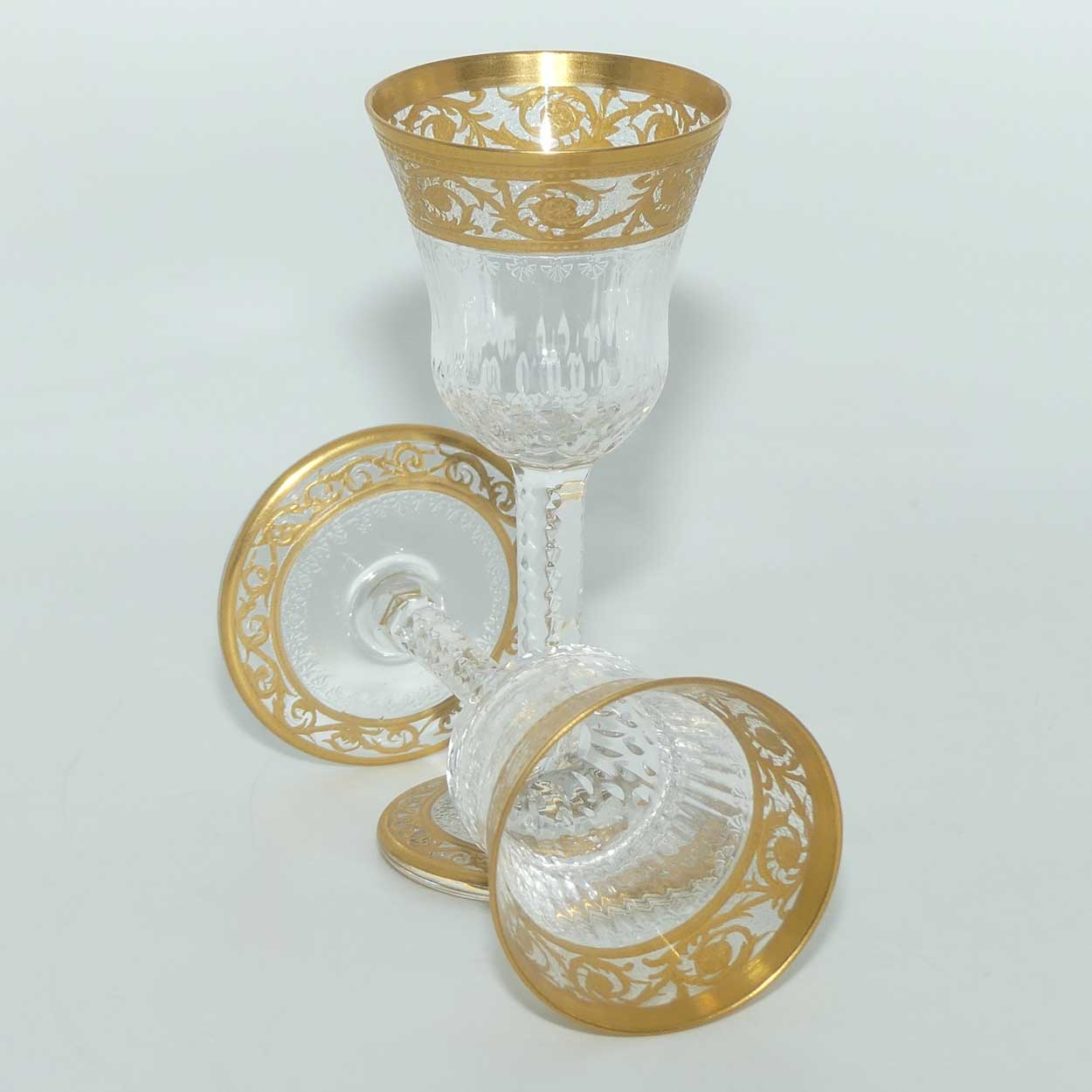 St Louis Crystal France Pair of Thistle Liqueurs | Gilt Open Border