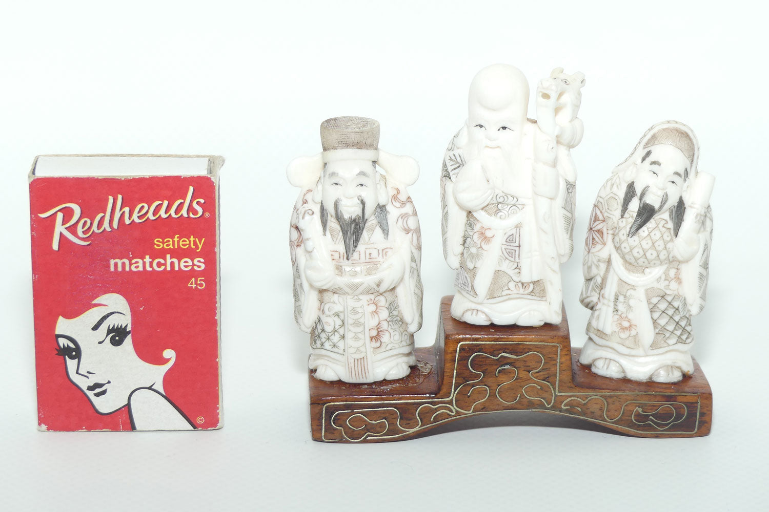 Japanese Carved Ivory Okimono figure on wooden base | Three Dieties | Meiji period | signed