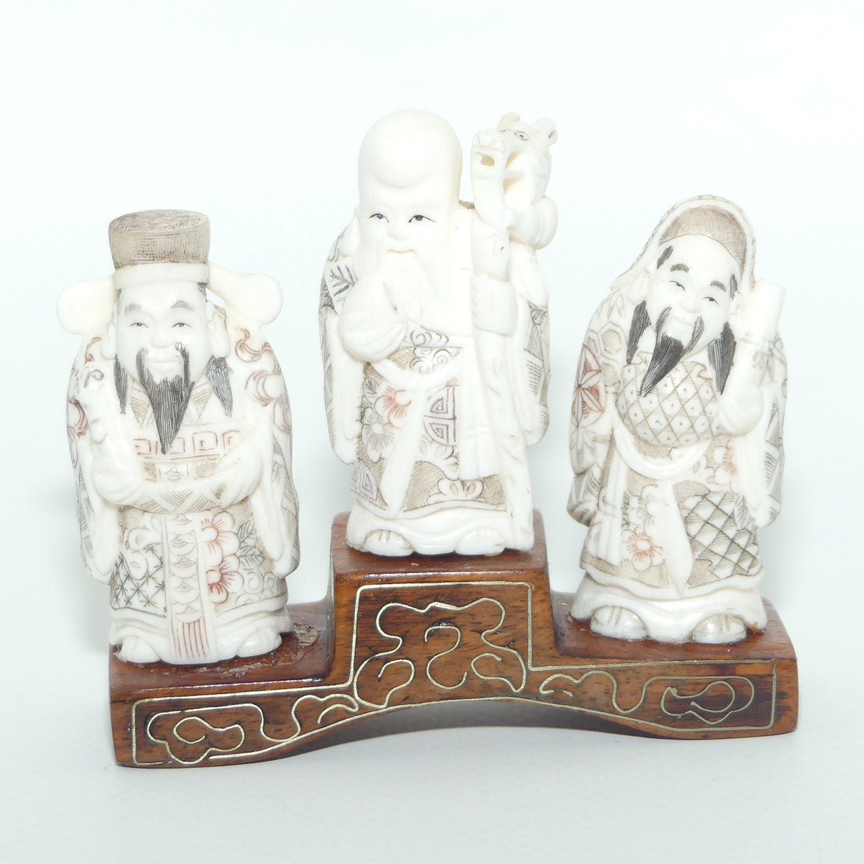 Japanese Carved Ivory Okimono figure on wooden base | Three Dieties | Meiji period | signed