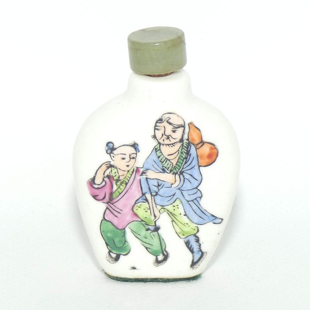 Chinese snuff bottle with greenstone stopper | Three Leg Race