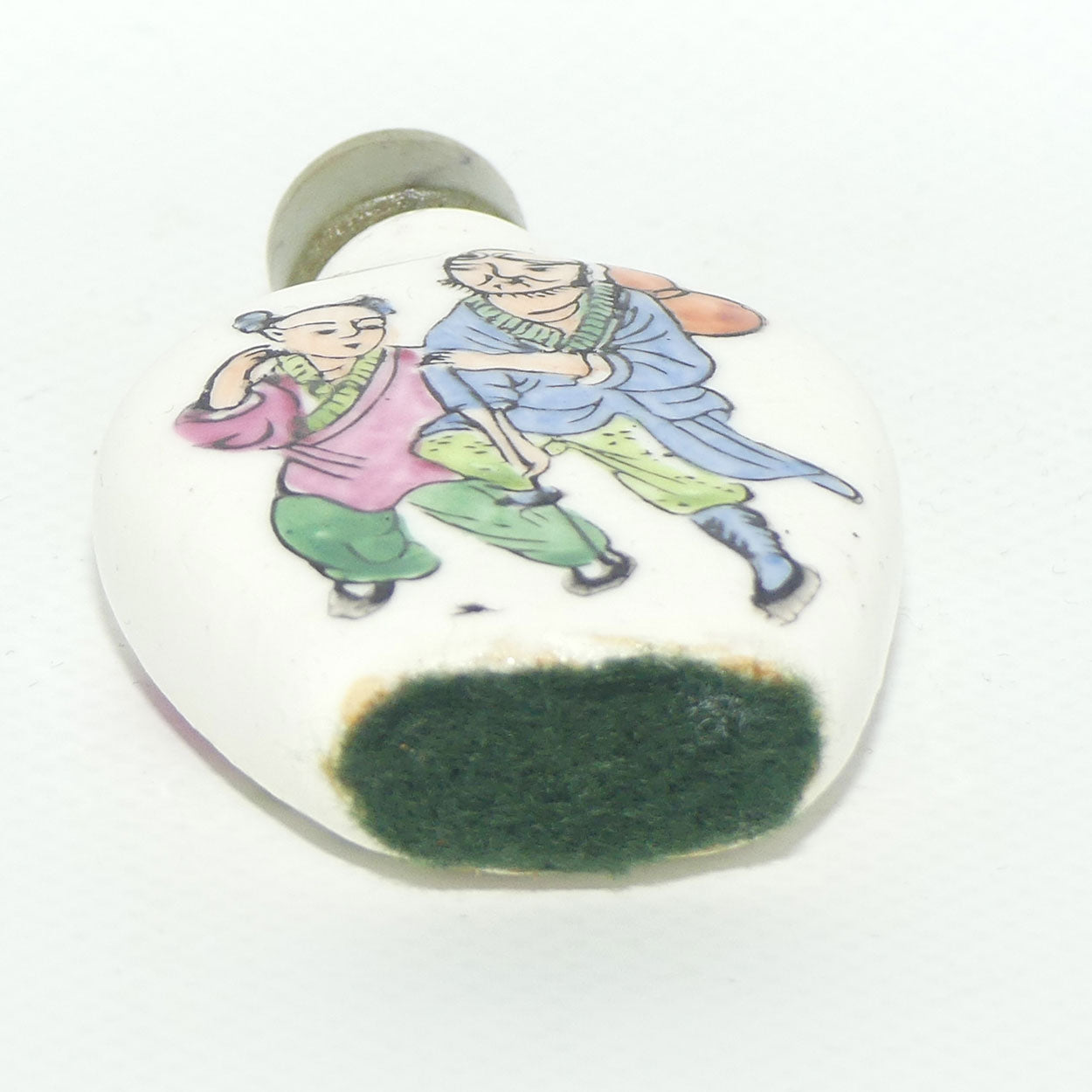 Chinese snuff bottle with greenstone stopper | Three Leg Race